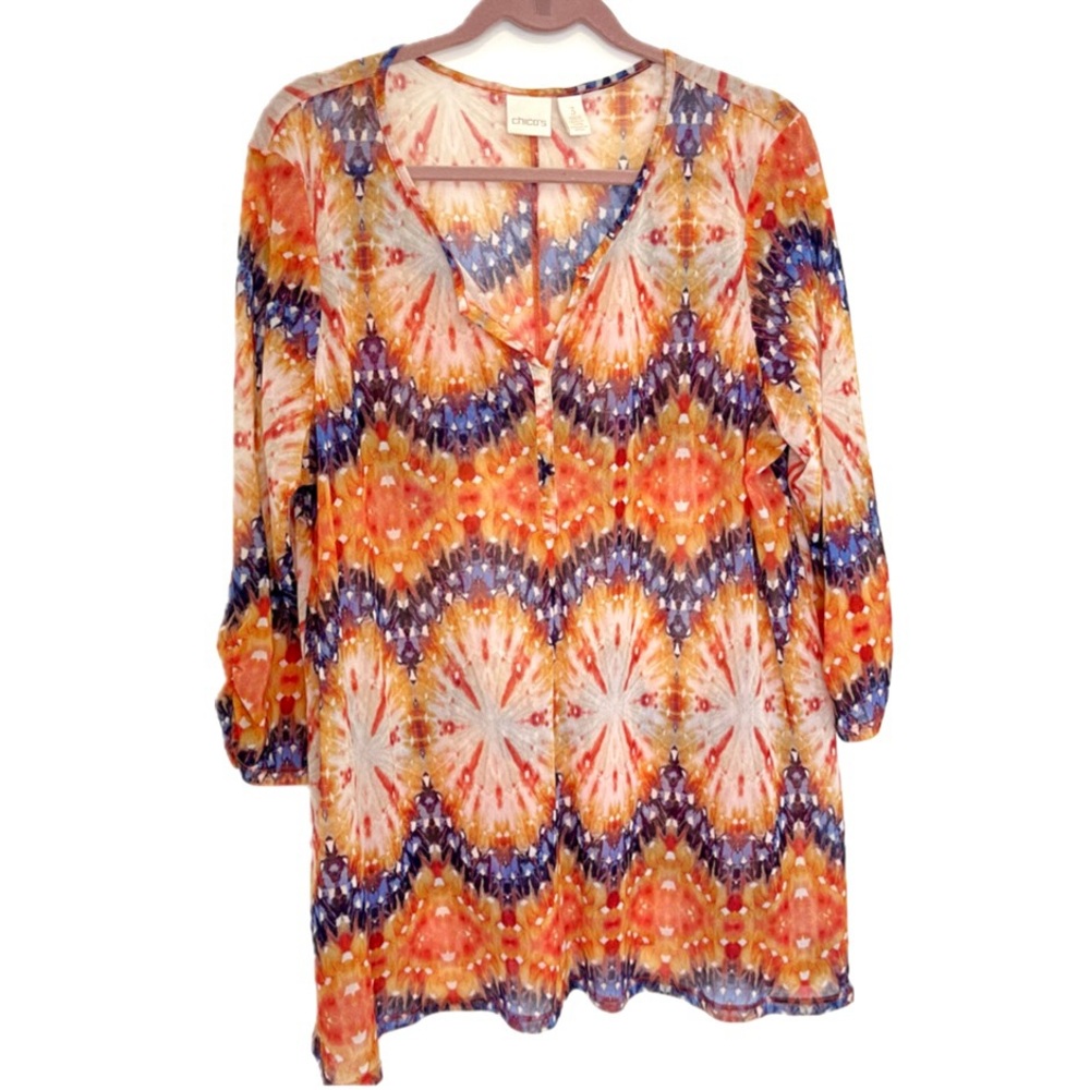 Chico’s Nylon Sheer Size 2 Tie-Dye Artsy Hippie Print Lightweight Top Blouse